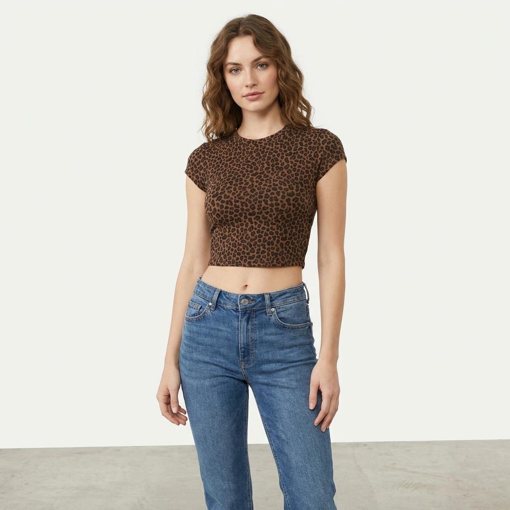 Person in leopard print crop top and blue jeans on a gray backdrop.