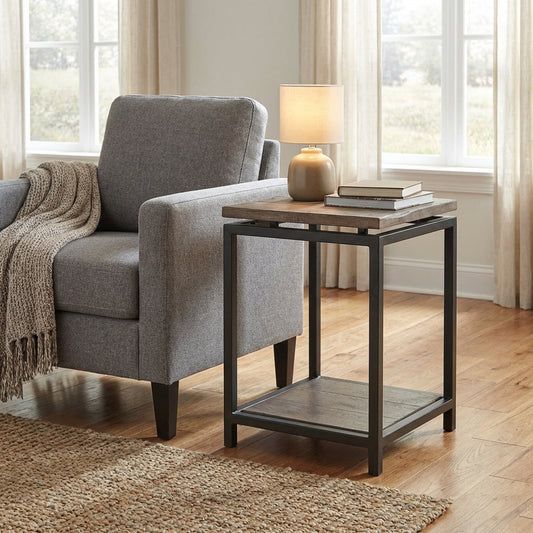 Square, two-tier end table with wood top and metal frame.