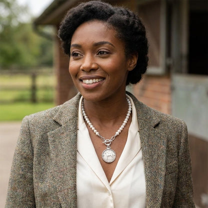 A smiling woman in a tweed jacket and pearl necklace stands outdoors.