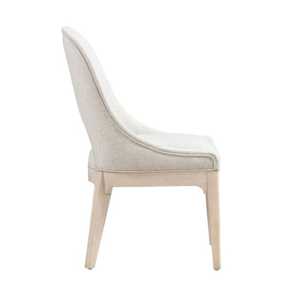 Beige upholstered chair with wooden legs, side view.