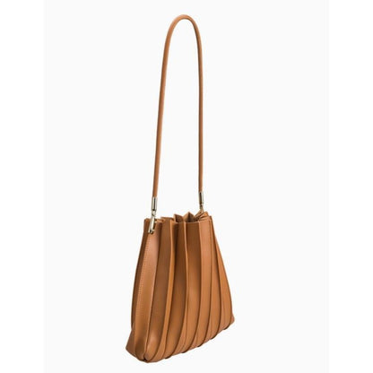Brown pleated handbag with a long strap on a white background.