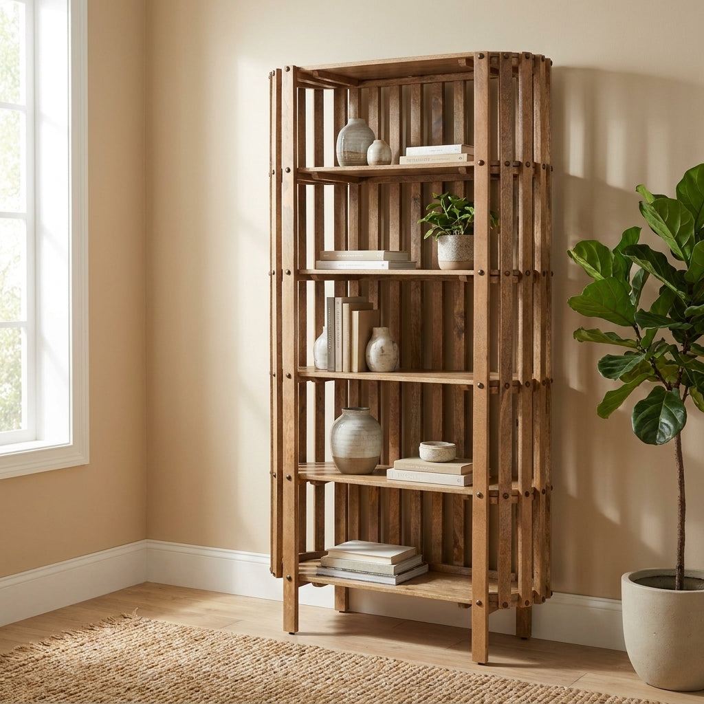Tall wooden open-frame bookshelf with vertical slats.