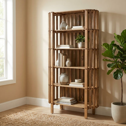 Tall wooden open-frame bookshelf with vertical slats.