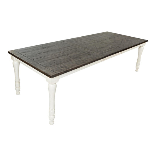 Rustic wood dining table with white legs.