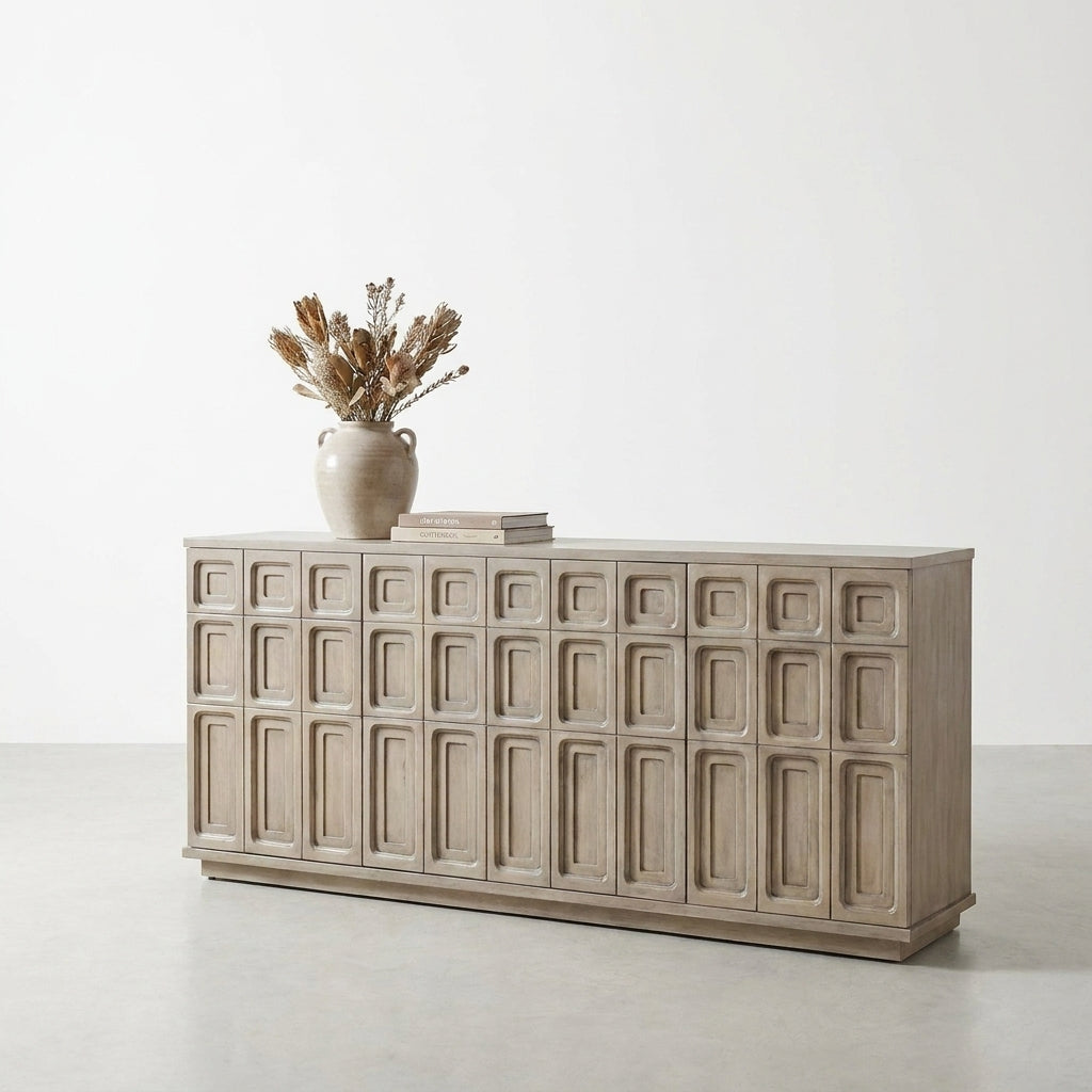 Wooden cabinet with two open compartments and shelves.