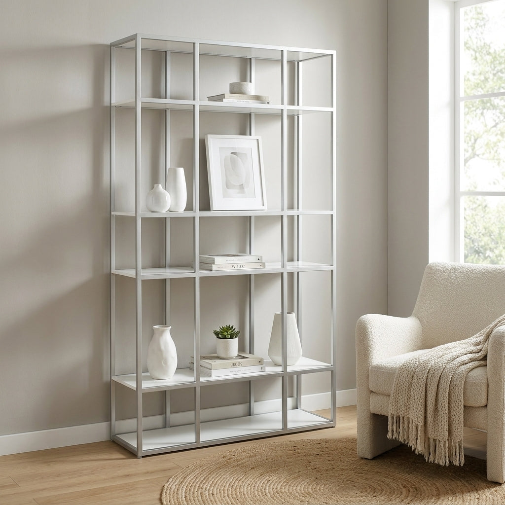Minimalist metal and white shelf unit with a grid design.