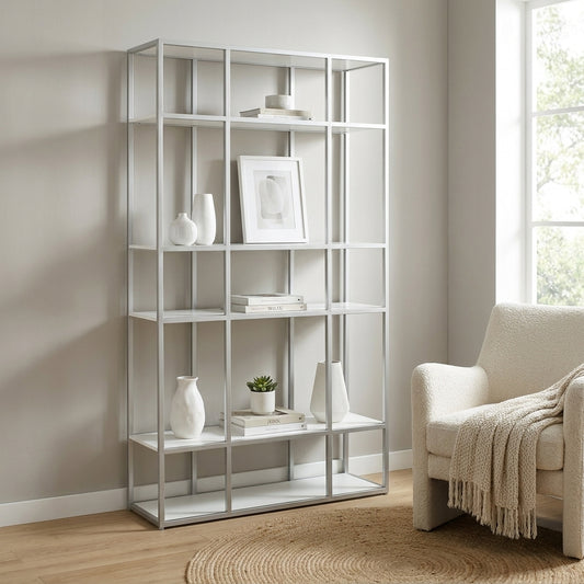 Minimalist metal and white shelf unit with a grid design.