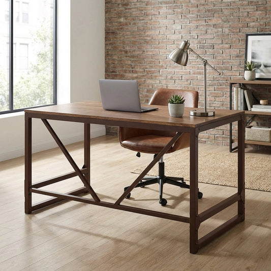 Industrial-style wooden table with metal frame.