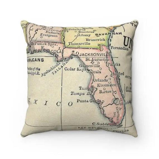 A pillow printed with a vintage map of Florida.