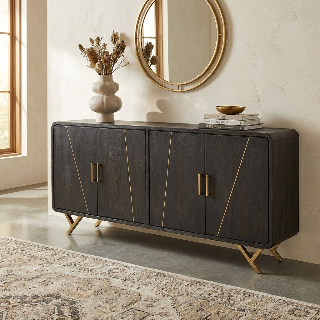 Sleek black sideboard with gold handles and legs.