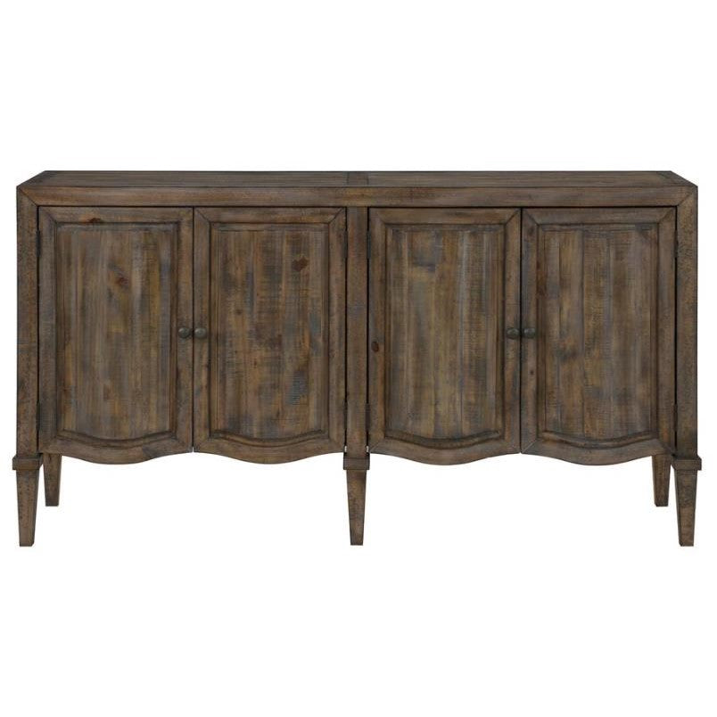 Vintage wooden sideboard with four doors and a rustic finish.