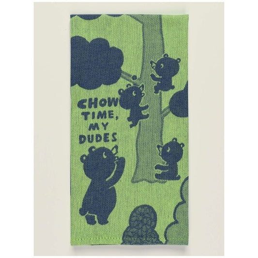 Bears climbing a tree with "Chow Time, My Dudes" text on a green fabric.