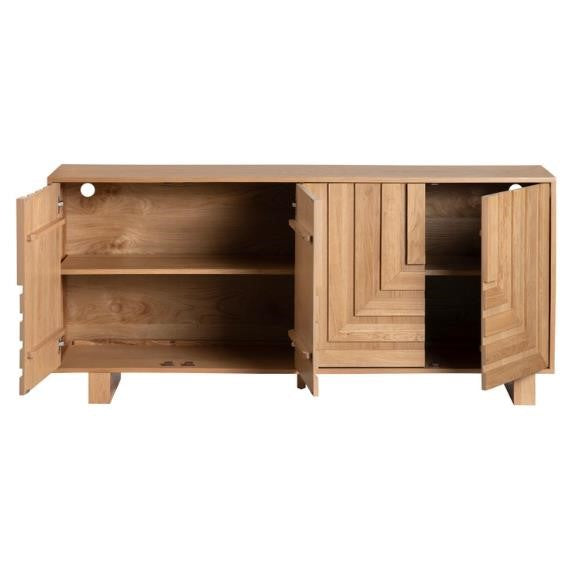Wooden cabinet with open geometric doors.