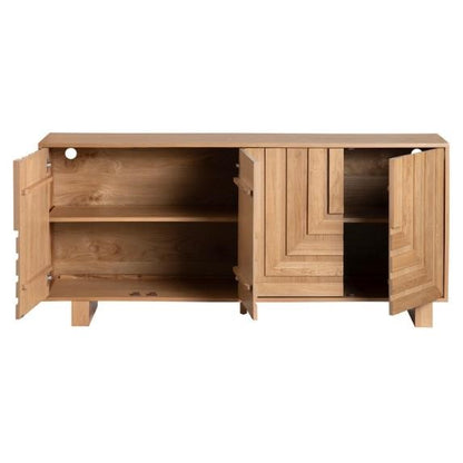 Wooden cabinet with open geometric doors.