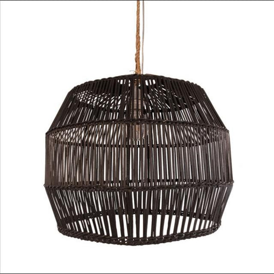 Brown rattan pendant light with a woven, geometric design.