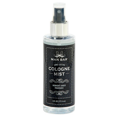 Cologne mist bottle with "Man Bar" label, midnight amber fragrance.