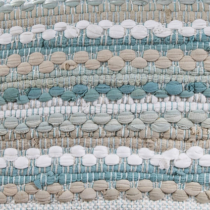 Textured woven fabric in earthy tones and muted blues.