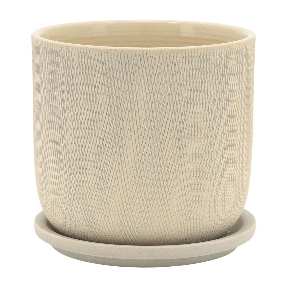 Textured beige ceramic planter with a matching saucer.