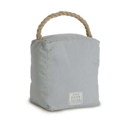 Gray doorstop with rope handle labeled "Open Door Decor."