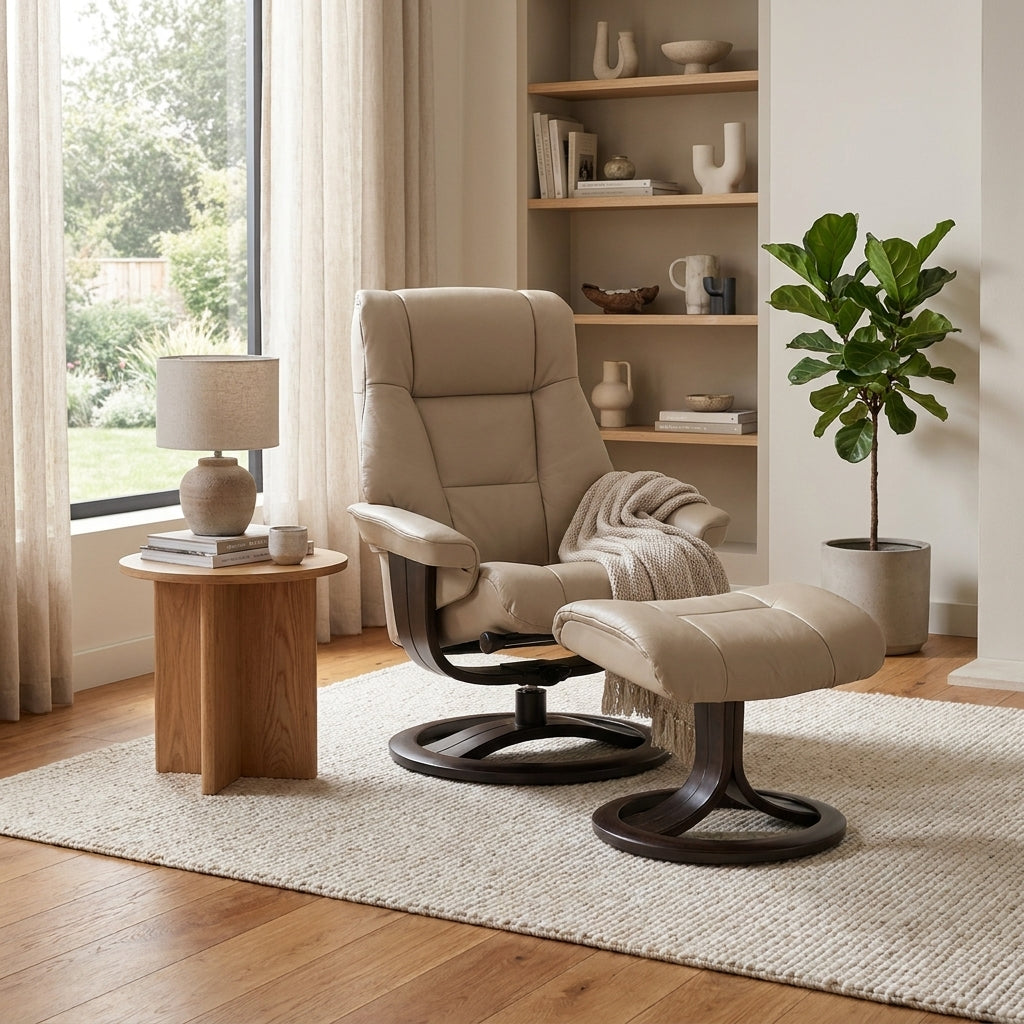 Cream recliner chair with matching ottoman on dark circular bases.