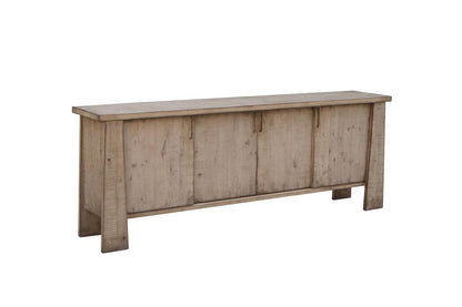 Wooden sideboard with a rustic finish, featuring sliding doors.