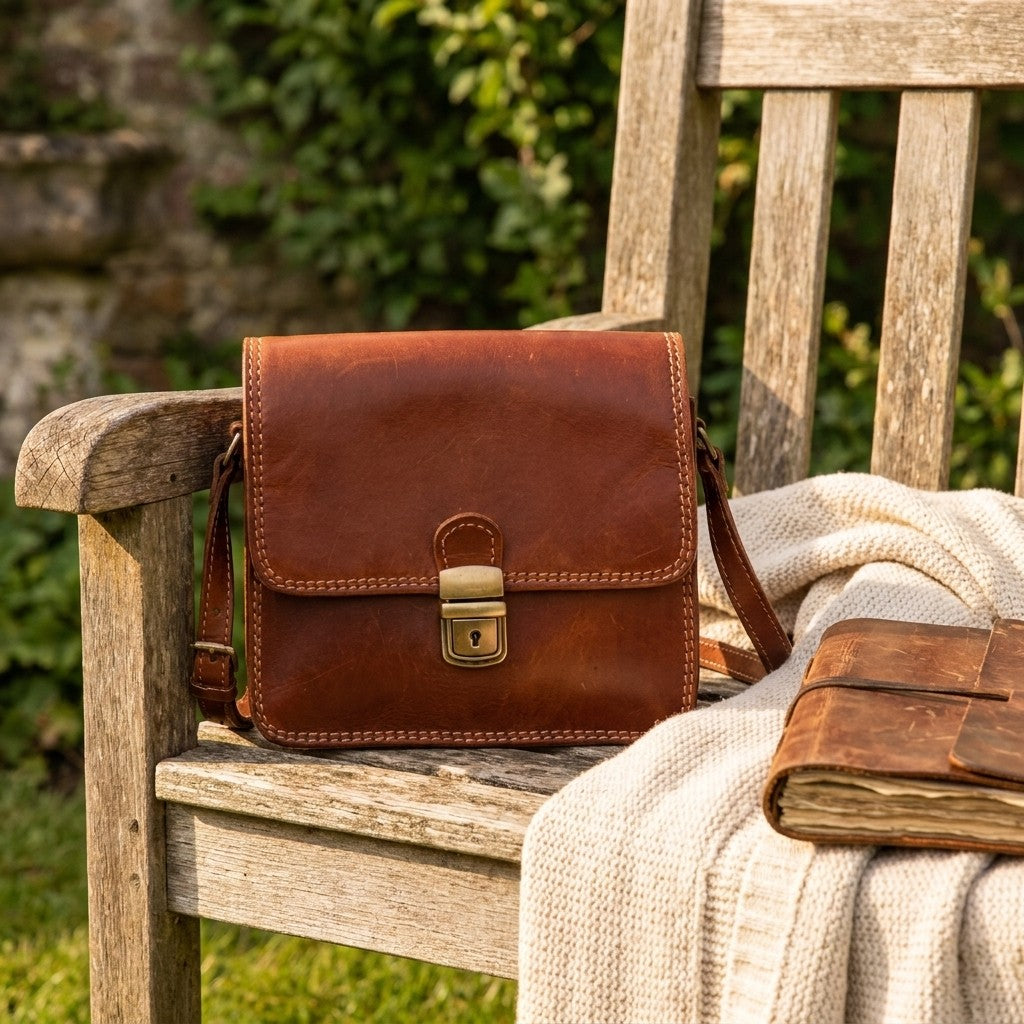 Brown leather satchel on a wooden bench with a notebook and a blanket.