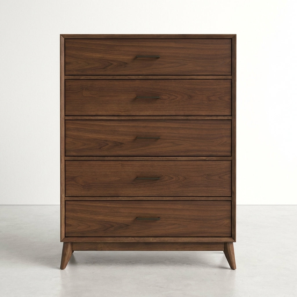 Wooden dresser with five drawers and sleek handles.