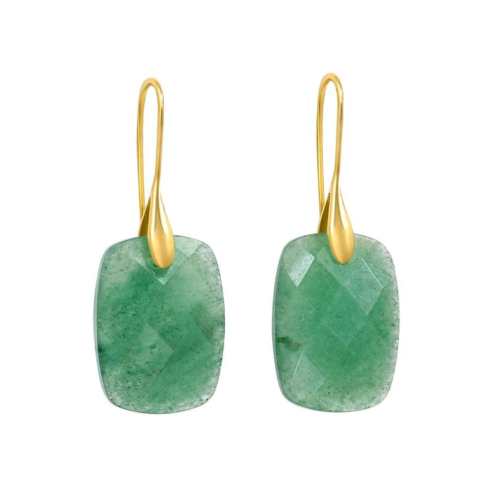 Gold and green jade drop earrings with rectangular stones.