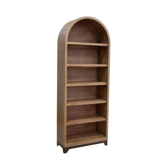 Arched wooden bookshelf with five shelves.