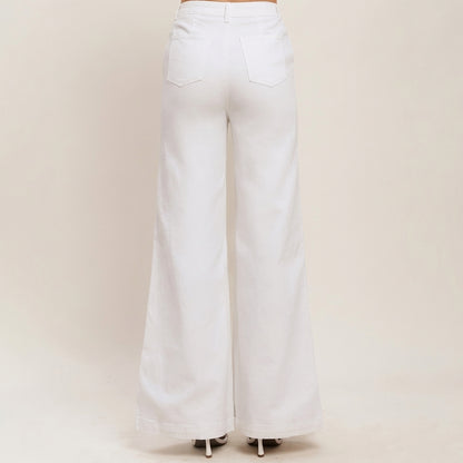 White wide-leg jeans with two back pockets, viewed from behind.
