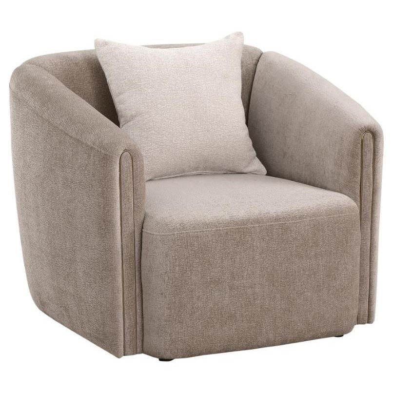 Beige fabric armchair with a soft, rounded design.