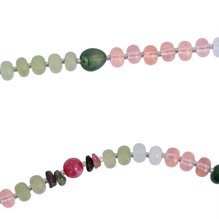 Colorful gemstone bead necklace strands.