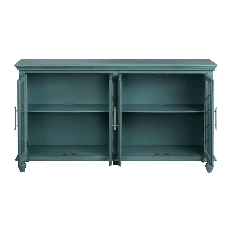 Teal cabinet with glass doors, featuring two open compartments.