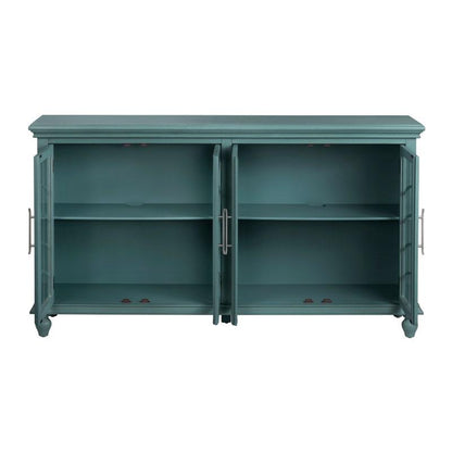 Teal cabinet with glass doors, featuring two open compartments.