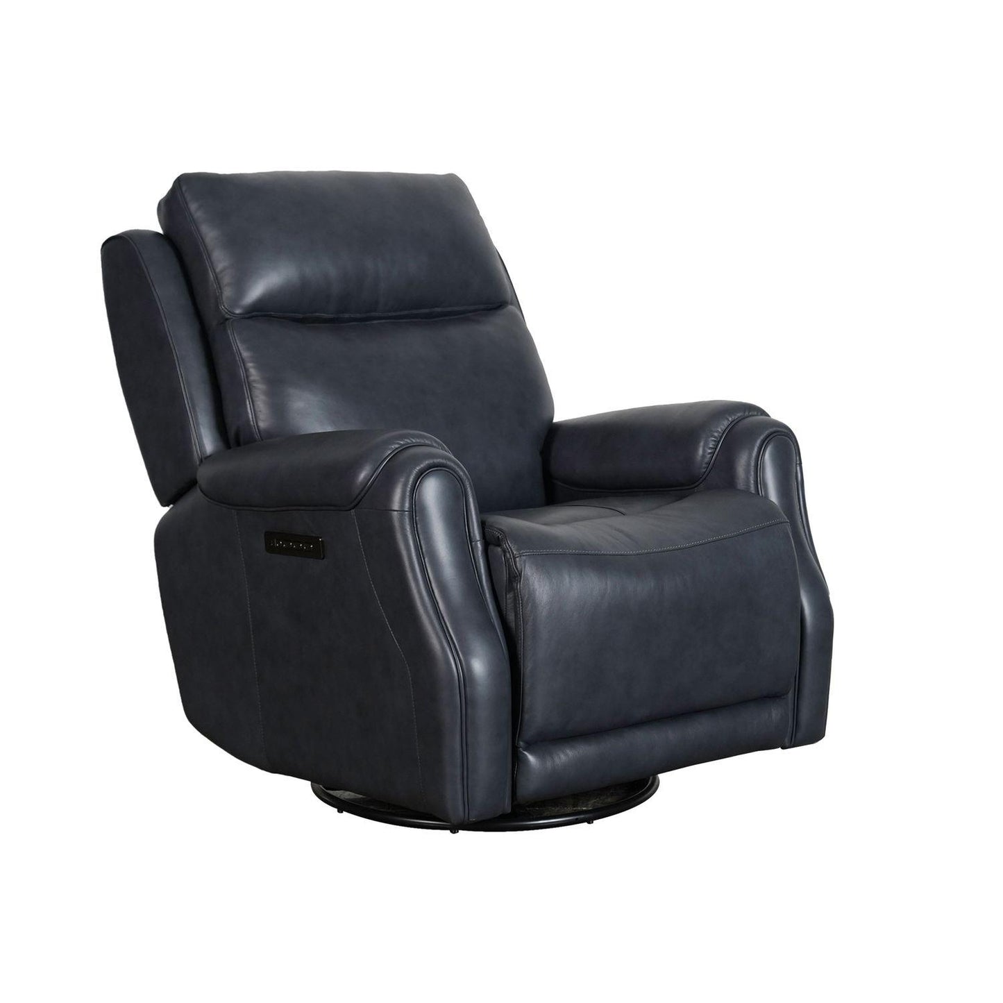 Black leather recliner chair against a white background.