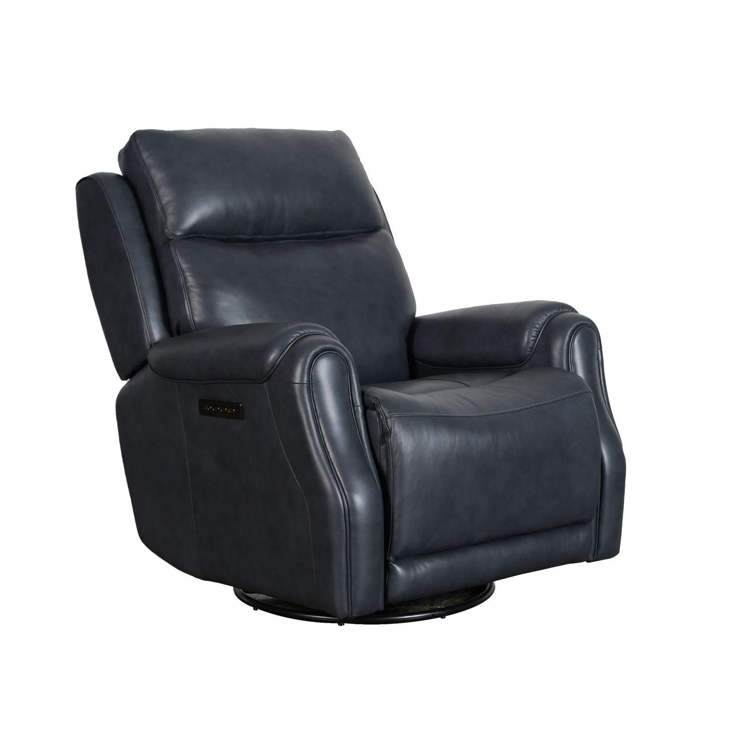 Black leather recliner chair against a white background.