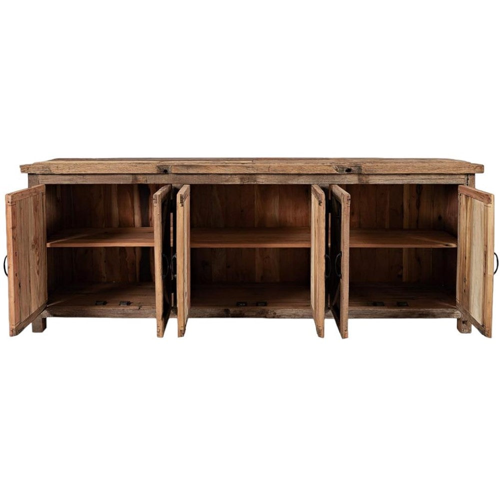 Rustic wooden cabinet with six open doors revealing shelves.