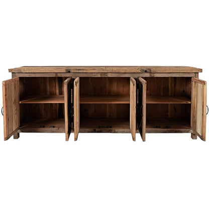 Rustic wooden cabinet with six open doors revealing shelves.