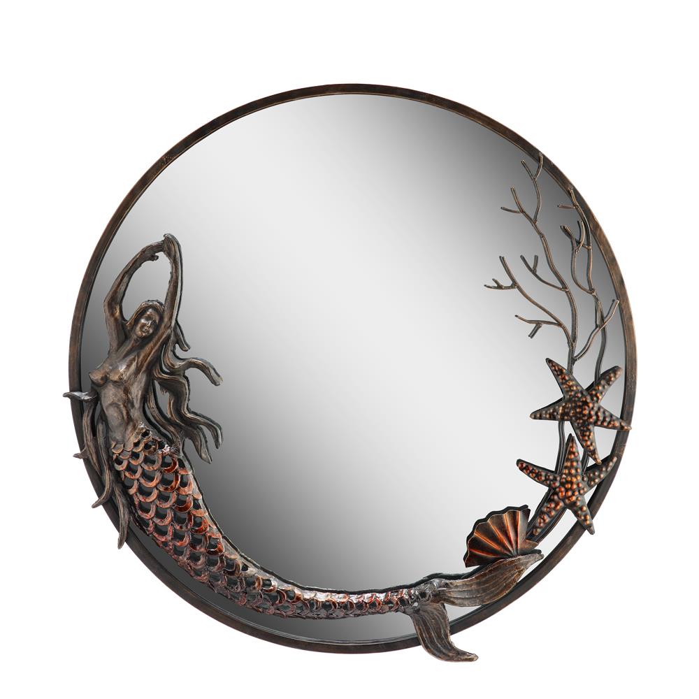 Round mirror with a mermaid, starfish, and coral design.