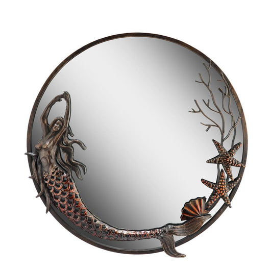 Round mirror with a mermaid, starfish, and coral design.
