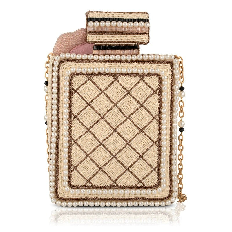 Elegant beaded clutch with pearl accents and a gold chain strap.
