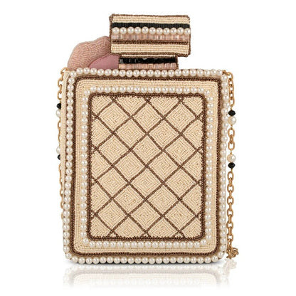 Elegant beaded clutch with pearl accents and a gold chain strap.