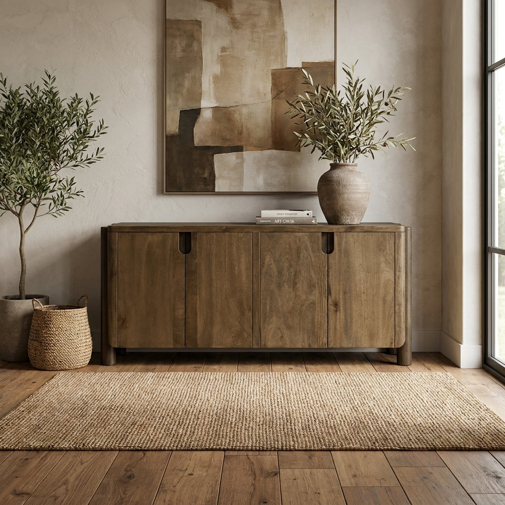 Wooden sideboard, abstract art, rug, plants, cozy interior.