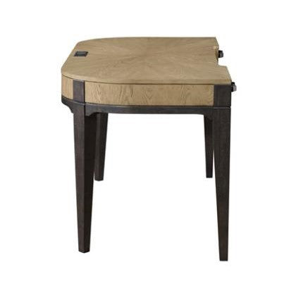 Modern two-tone wooden desk with a curved top and dark legs.