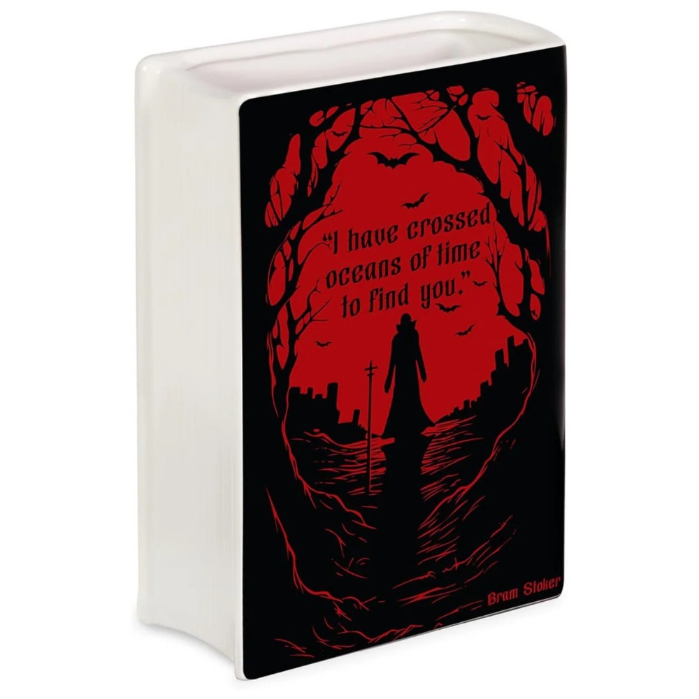 Red and black book vase with a gothic silhouetted design and a romantic quote.