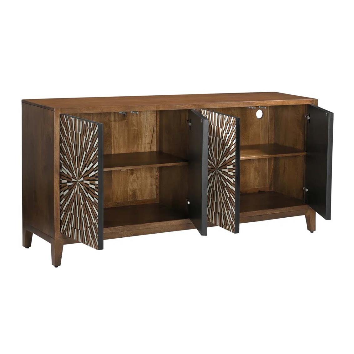 Wooden cabinet with open sunburst-patterned doors and shelves.