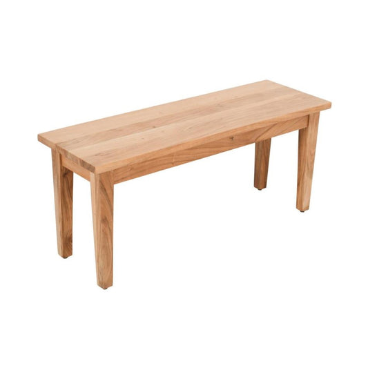 Simple wooden bench with four legs and a flat top.