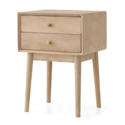 Wooden side table with two drawers and tapered legs.