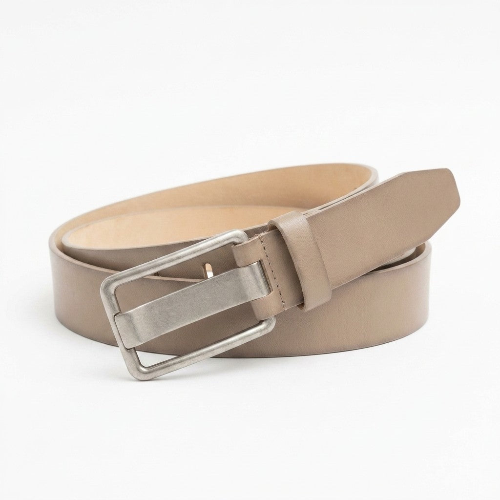Brown leather belt with a rectangular silver buckle.