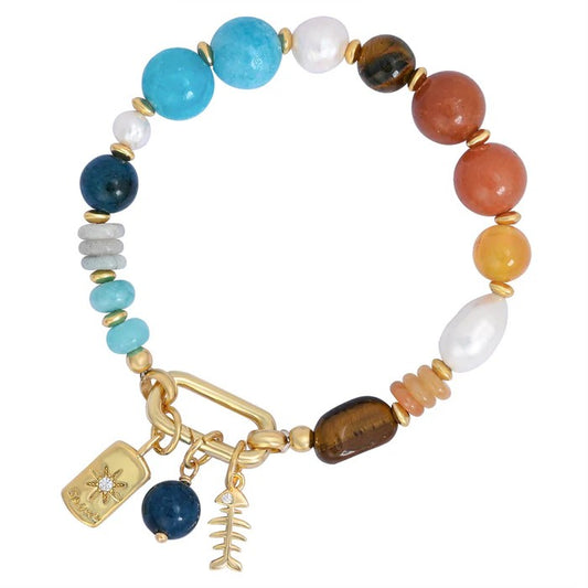 Colorful beaded bracelet with gold charms and a lobster clasp.